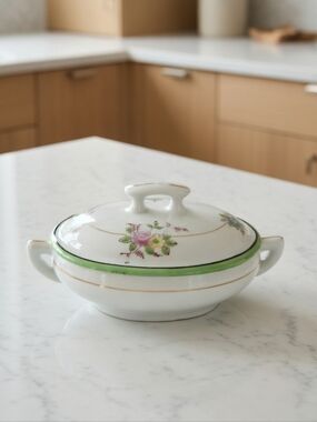 Vintage 50s 70s Japanese Floral Porcelain Covered Gravyboat Creamer Small
